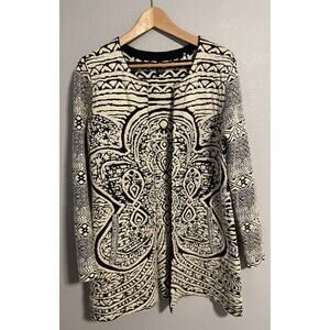Luii Anthropologie Womens Jacket Medium Black Cream Abstract Tapestry Open Front